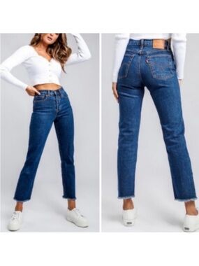 Levi's Wedgie Straight Leg 25 Jeans High Rise Premium Stretch Denim Frayed Hem